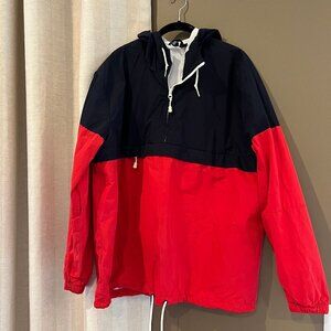 Divided H&M Water and Wind Resistant Hooded Jacket, Red & Blue, Size Large